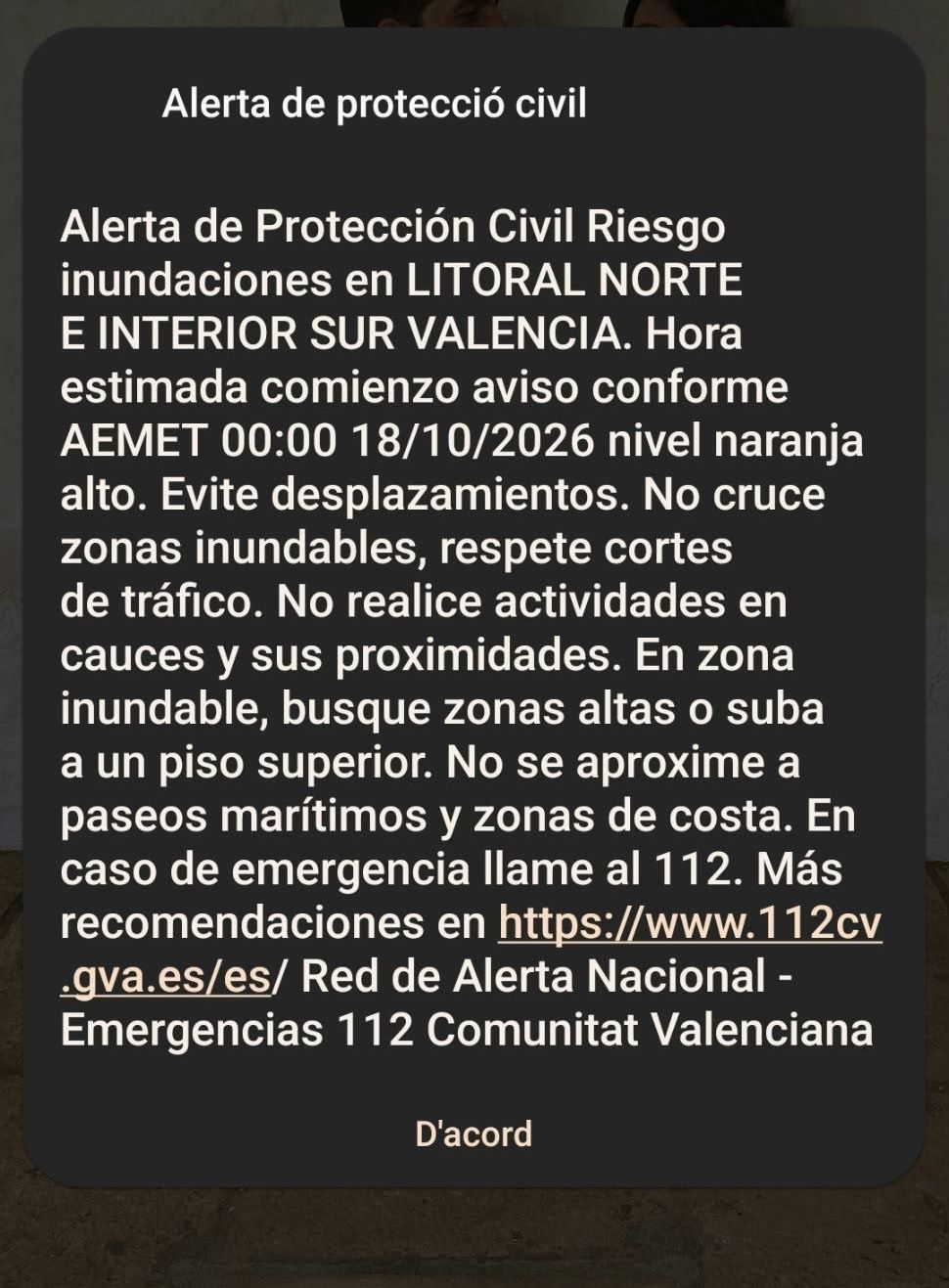 Mensaje ES-Alert a la población.