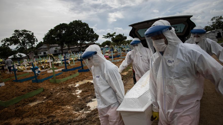 Trabajadores entierran a una persona fallecida por covid-19, en el cementerio público Nossa Senhora Aparecida en Manaos, Amazonas (Brasil). EFE/Raphael Alves/Archivo