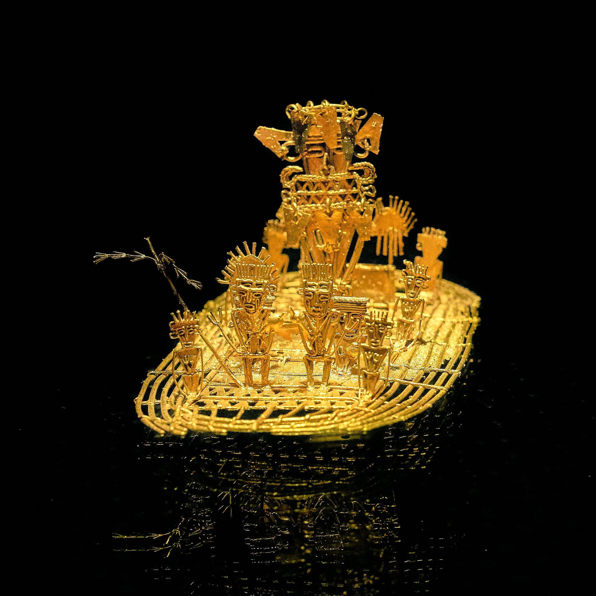 La balsa muisca es una de las piezas más importantes del Museo del Oro de Bogotá. La preciosa orfebrería de los muiscas alentó el mito de El Dorado entre los conquistadores españoles.