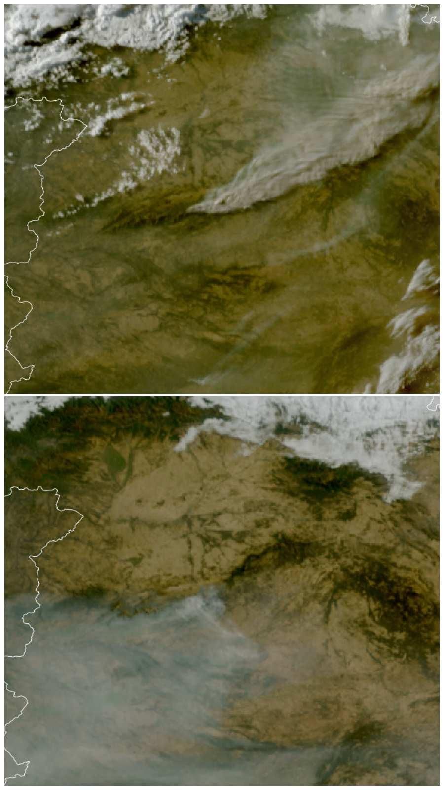 Evolución del humo del incendio de la Sierra Oeste el viernes por la tarde noche (arriba) y este lunes (abajo)