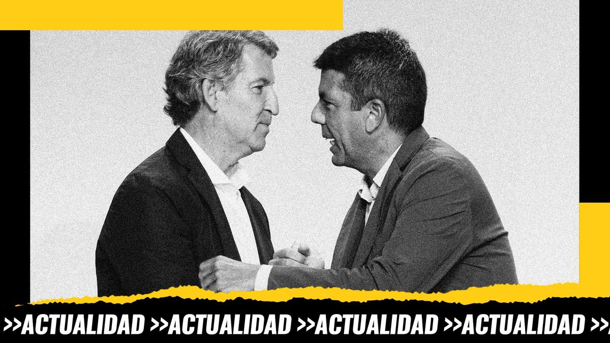 Alberto Núñez Feijóo saluda a Carlos Mazón en un acto del PP.