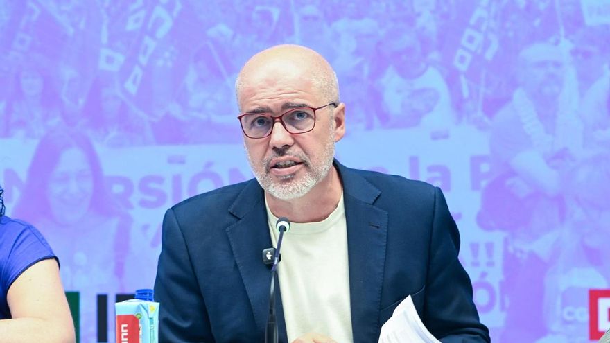 El secretario general de CCOO, Unai Sordo, durante la presentación del informe ‘La mercantilización de la educación’, en la sede confederal de CCOO, a 10 de septiembre de 2026, en Madrid (España)