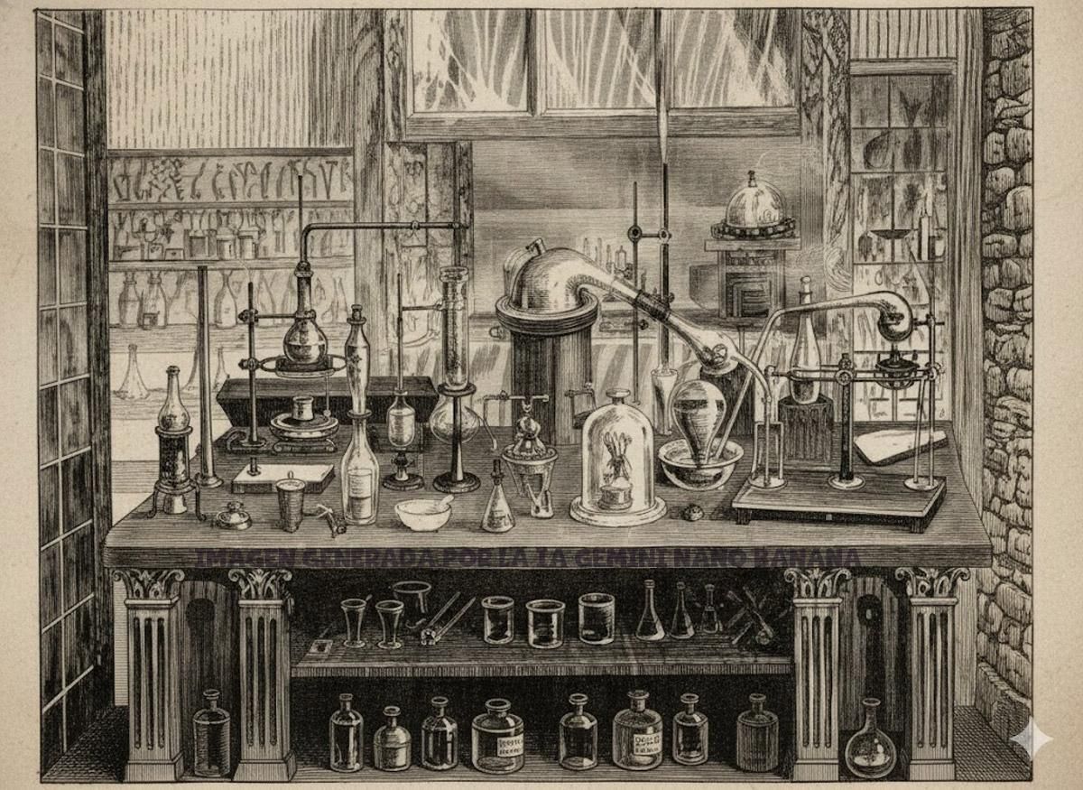 Laboratorio antiguo de Química cuyo instrumental era descendiente del usado en la alquimia.