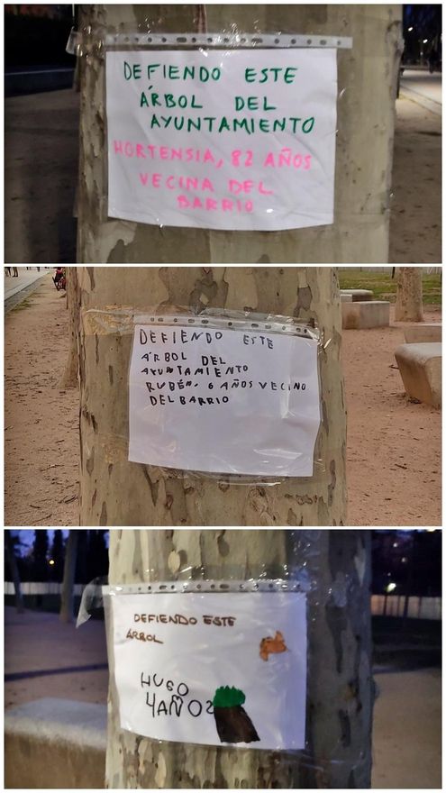 Varios de los carteles colocados sobre los árboles de Madrid Río