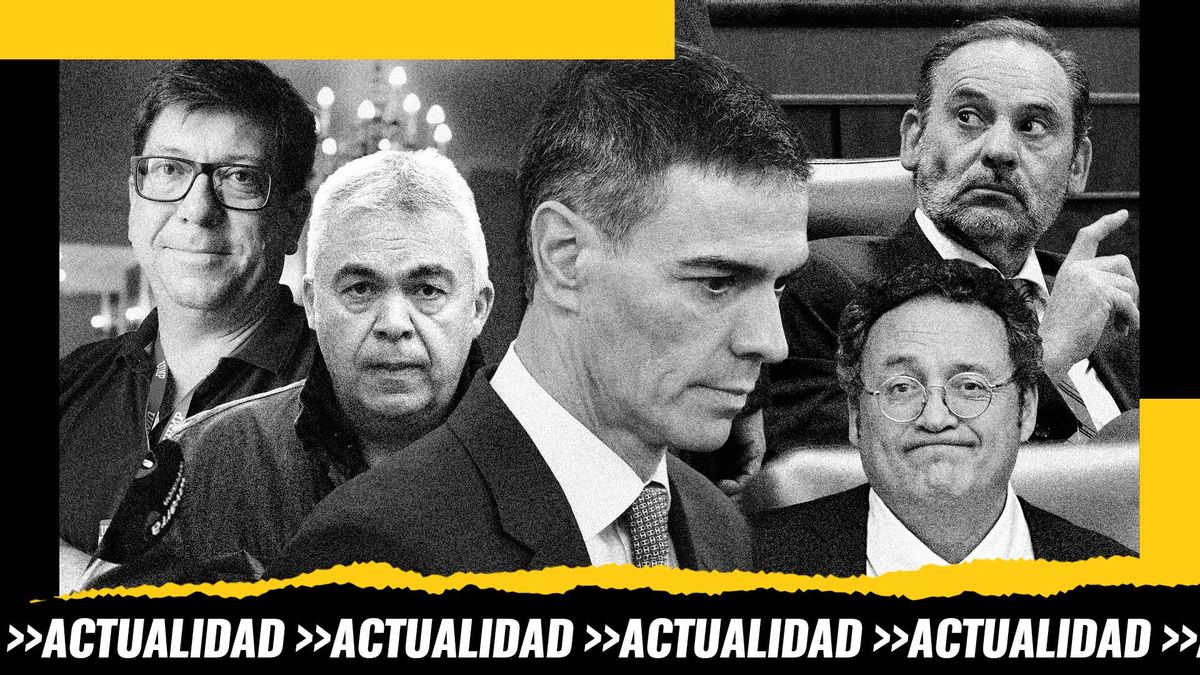 Montaje: el presidente del Gobierno Pedro Sánchez rodeado de hombres que han formado parte de su gobierno, partido o legislatura y ahora le generan problemas