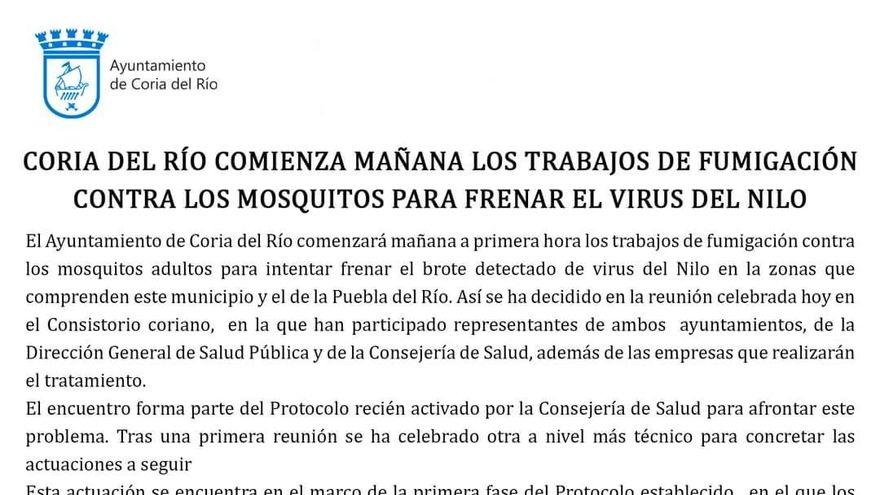 Comunicación del Ayuntamiento de Coria sobre los trabajos de fumigación