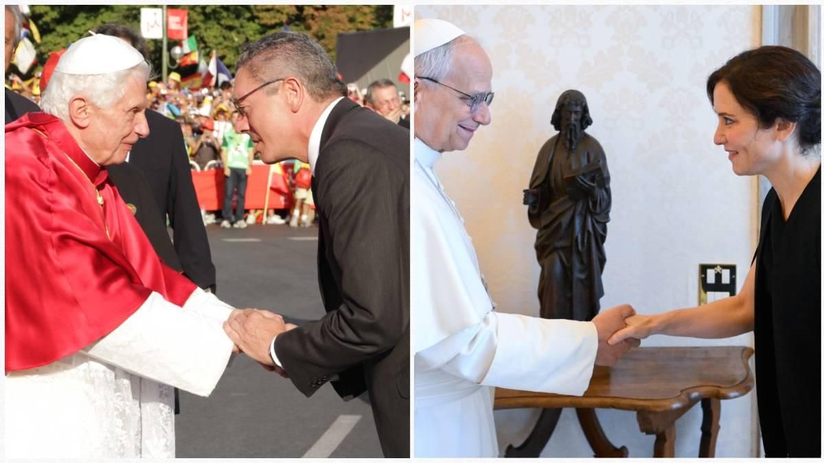 A la izquierda, Benedicto XVI con Alberto Ruiz Gallardón. A su derecha, León XIV saluda a Isabel Díaz Ayuso