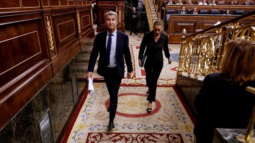 El líder del PP, Alberto Núñez Feijóo, tras la sesión de control al Gobierno celebrada este miércoles en el Congreso.