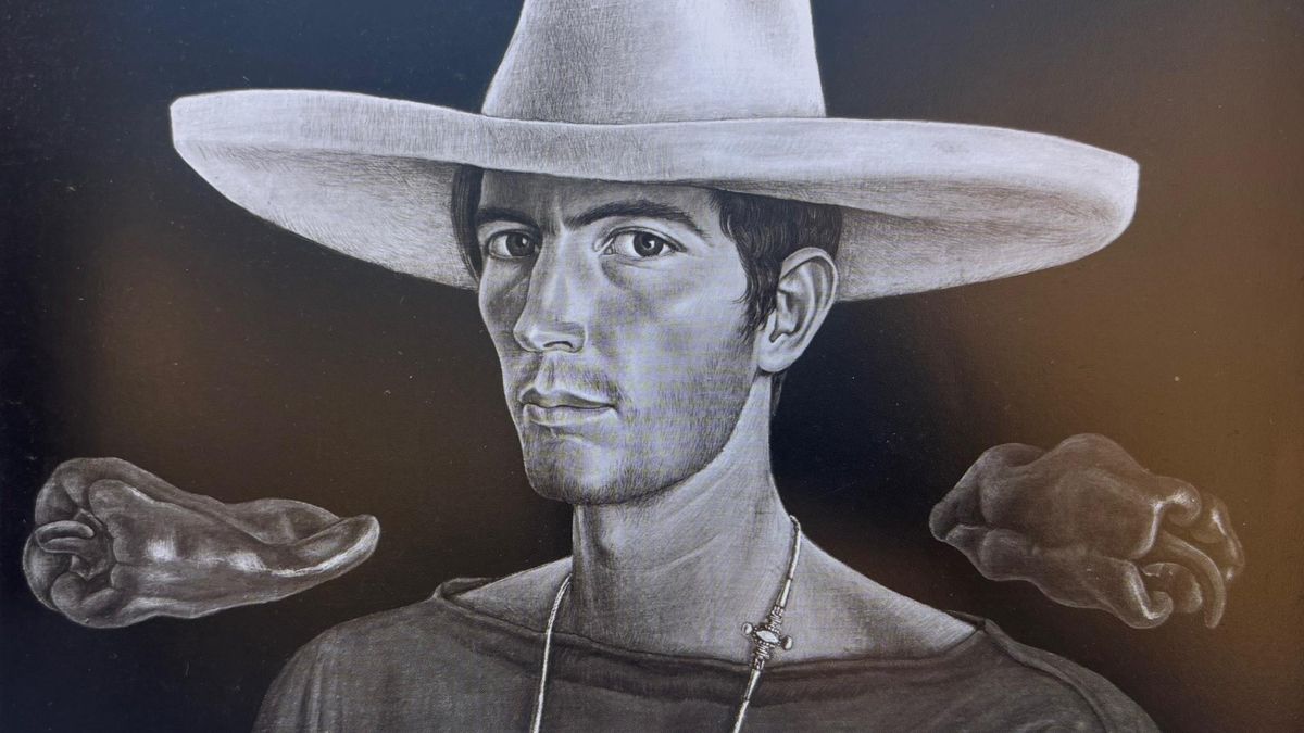 'Autorretrato con sombrero de paja y pimientos' (1954). Óleo y témpera sobre tela. En esta obra temprana, Mati Klarwein se retrata con serenidad clásica y simbolismo surrealista, heredado de su admirado Salvador Dalí, anunciando ya la mezcla de técnicas y universos que marcarían su obra posterior.