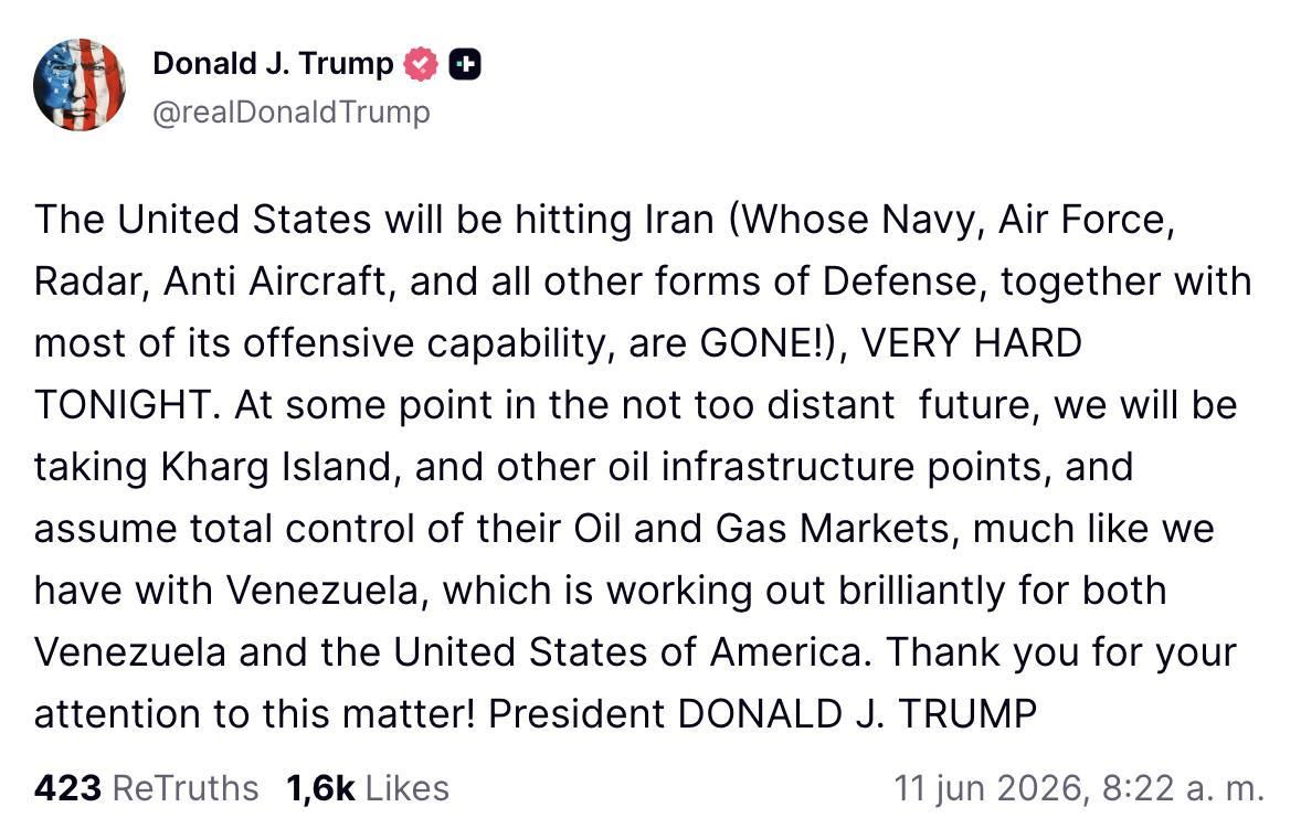 Truth Social de Trump sobre la isla de Jarg.