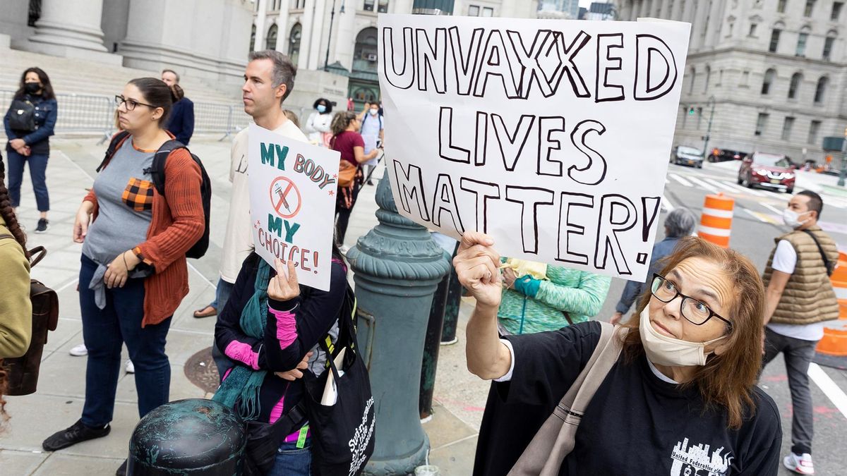 People gather for a protest outside of a preliminary injunction hearing at a United States Courthouse about New York City mandating COVID-19 vaccinations for public school employees in New York, New York, USA, 12 October 2021.