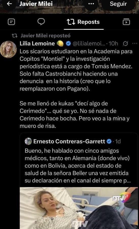 Uno de los tuits reposteados por Milei.