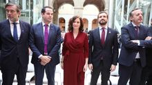 El vicepresidente de la Comunidad de Madrid, Ignacio Aguado; la presidenta, Isabel Díaz Ayuso; el presidente del PP, Pablo Casado, y el consejero de Políticas Sociales, Alberto Reyero.