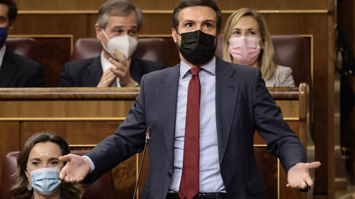 El líder del PP, Pablo Casado, interviene en una sesión plenaria en el Congreso de los Diputados, a 16 de febrero de 2022, en Madrid (España).