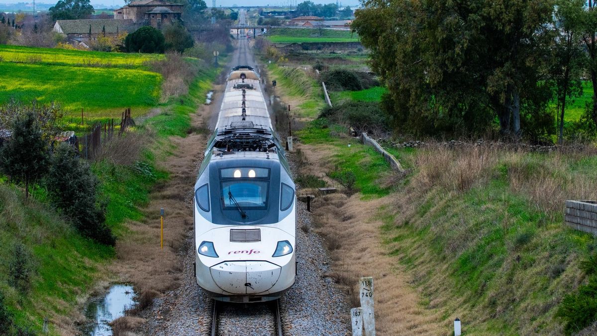 El Alvia Badajoz-Madrid de este domingo ya en modo diésel pasada la estación de Oropesa (Toledo) en dirección a Talavera de la Reina y la capital española