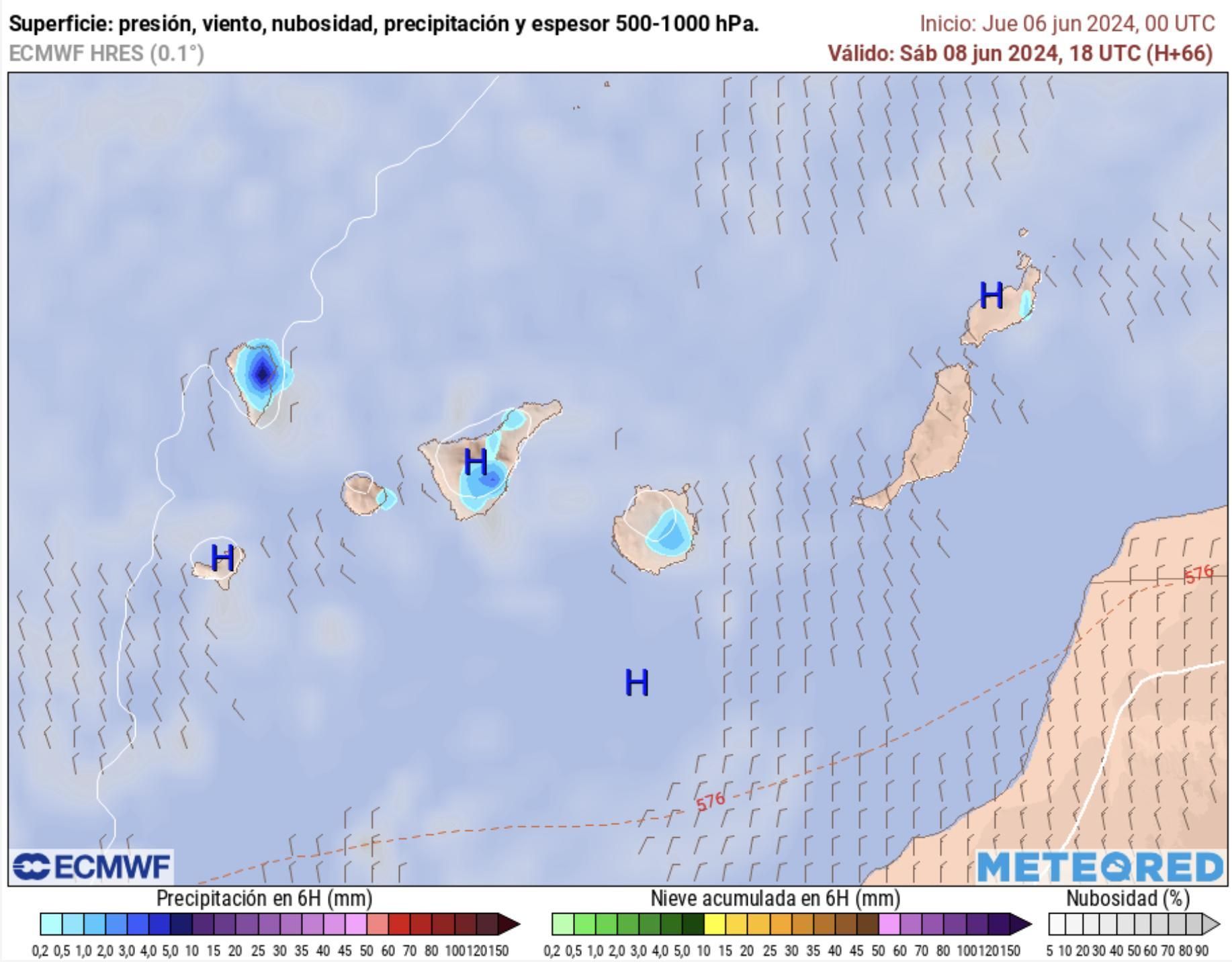 Mapa de lluvias previstas en Canarias para este sábado, según el modelo europeo.