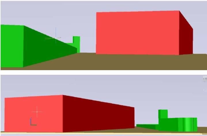 Impacto visual del posible volumen edificado en la parcela V3.1 (en rojo) en relación con la tapia del cementerio y la Ermita (en verde) y vista desde el este del impacto visual del posible volumen edificado en la parcela V3.2 (en rojo) en relación con la Ermita (en verde)