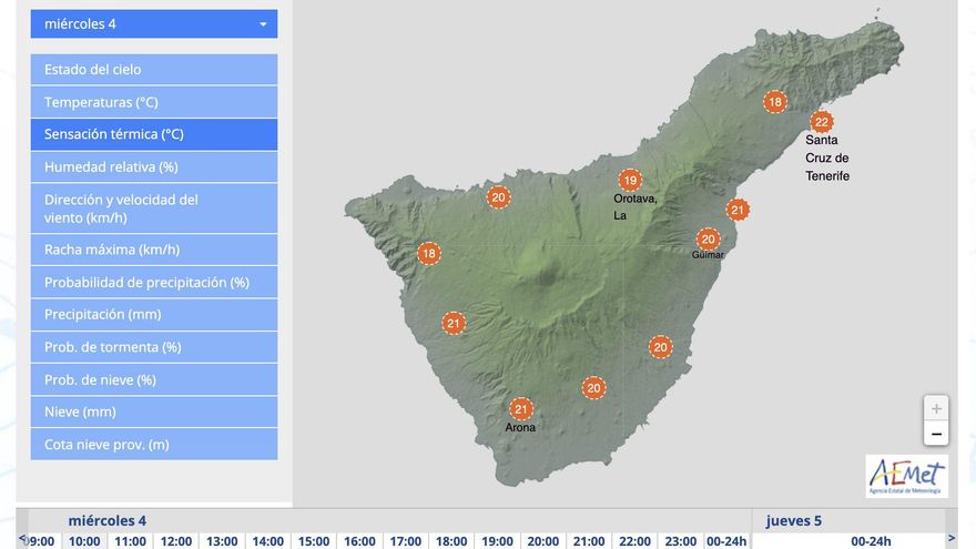 Captura de la sensación tércmica en la isla de Tenerife este miércoles