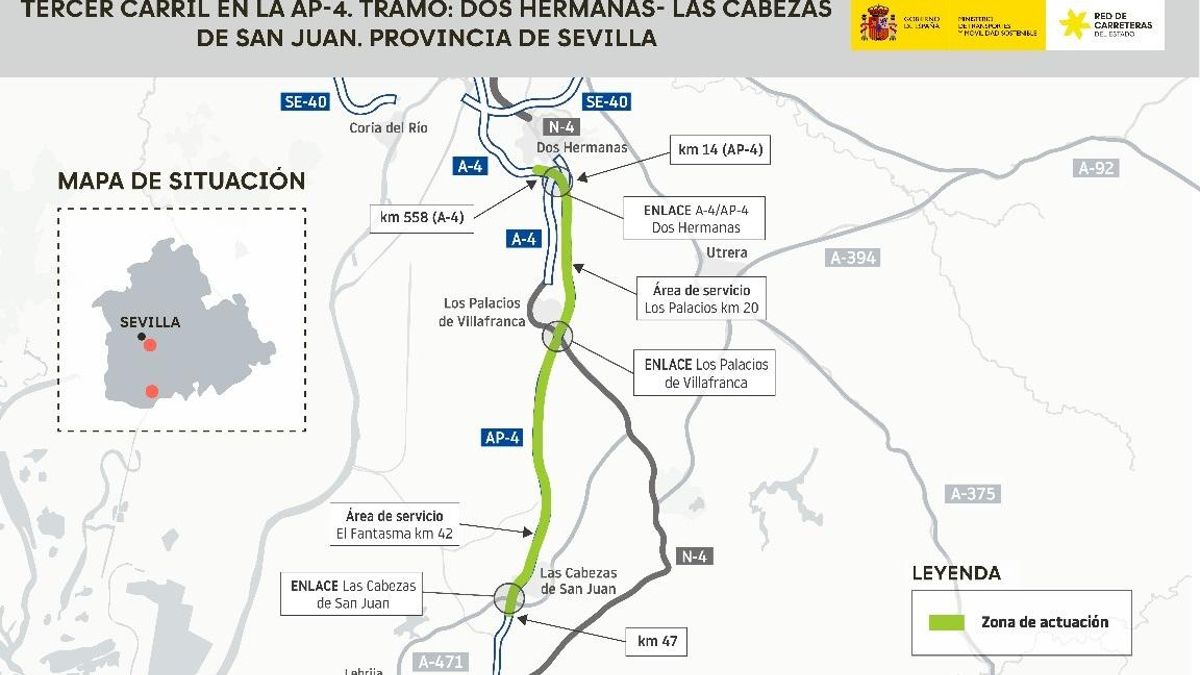 Transportes aprueba el documento técnico del tercer carril de la AP-4 entre Dos Hermanas y Las Cabezas de San Juan