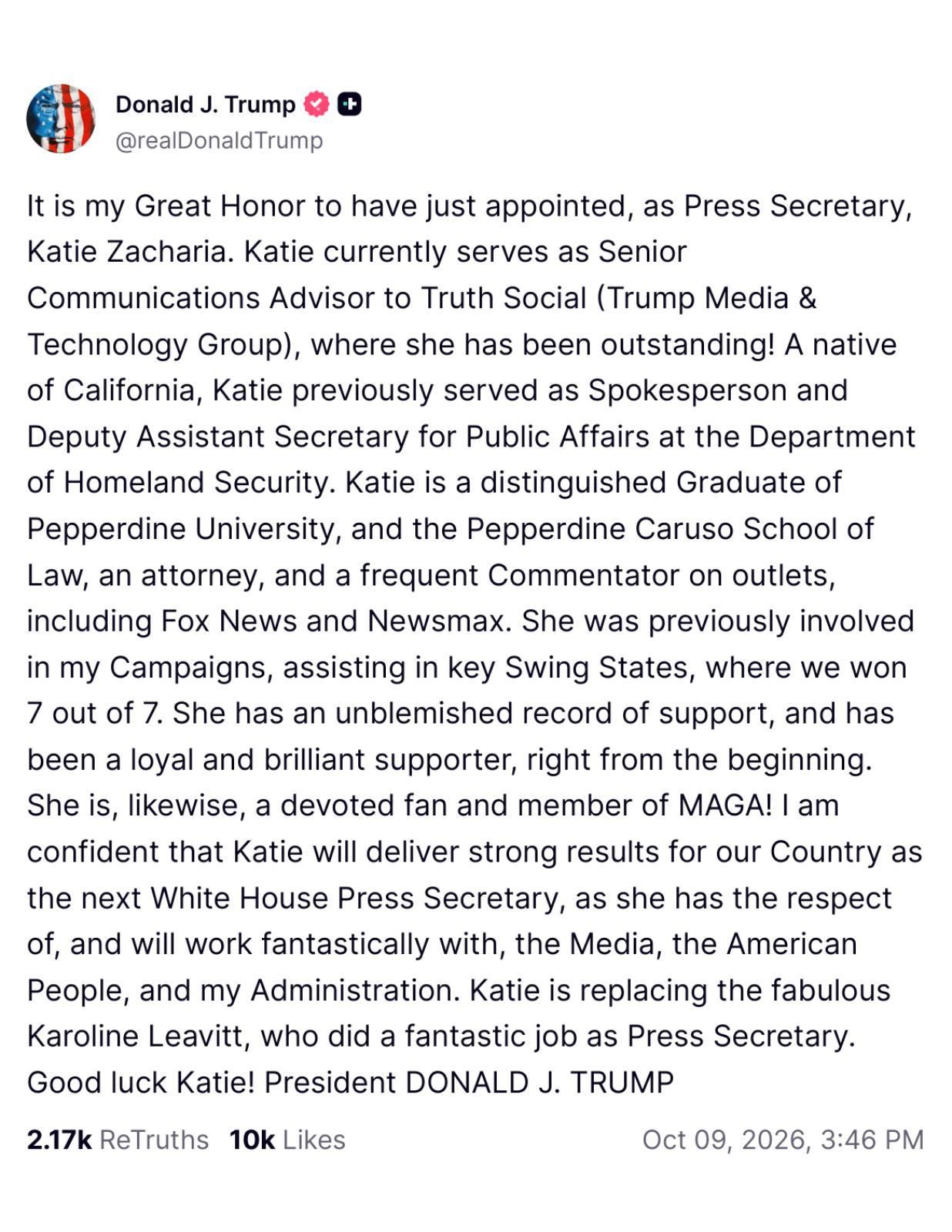 Truth Social de Trump anunciando el nombramiento de Katie Zacharia.