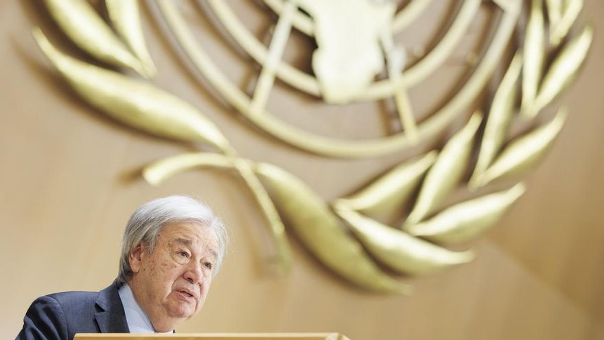 El secretario general de la ONU, Antonio Guterres, habla durante la apertura de la 61ª sesión del Consejo de Derechos Humanos de las Naciones Unidas en la sede europea de las Naciones Unidas en Ginebra, Suiza, 23 de febrero de 2026. (Suiza, Ginebra) EFE/EPA/VALENTIN FLAURAUD
