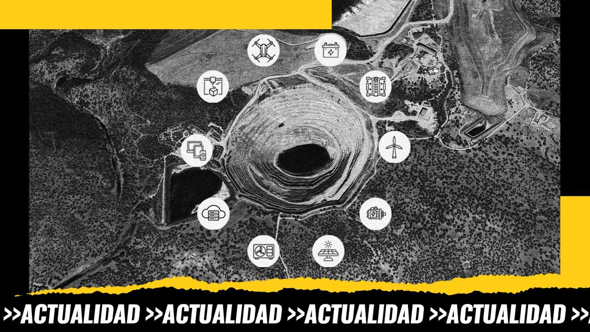 Foto satélite de Google de la mina Aguablanca junto a iconos de la EU de las nuevas tecnologías que usan minerales críticos