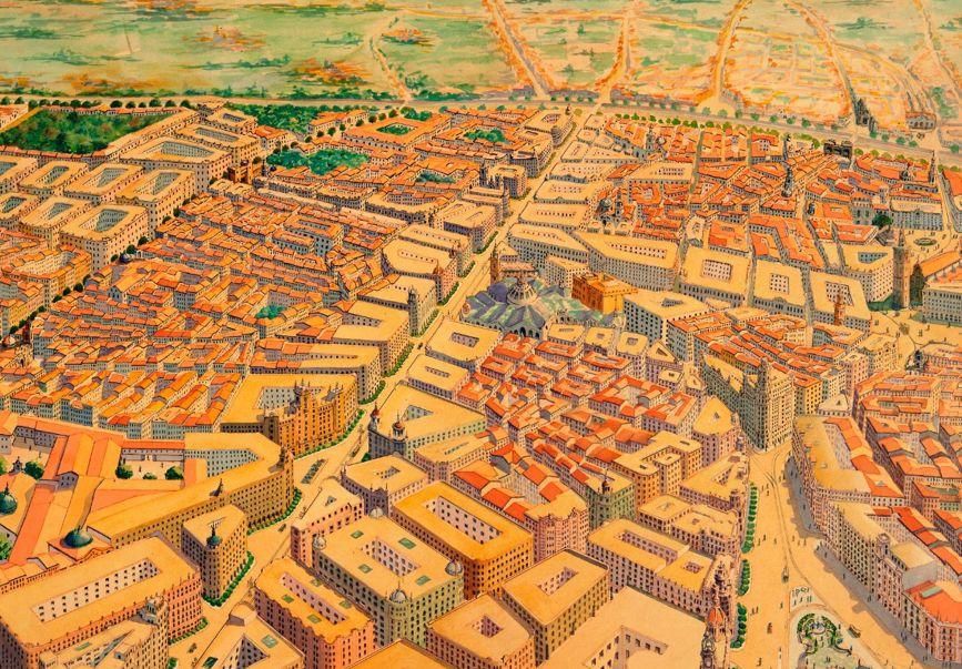 Fragment de la proposta de reforma interior de  l’arquitecte J. Goerlich, on apareix  la Gran Via de l’Oest (1932) , tangent al Mercat, en el centre de la imatge. (Arxiu VTiM)