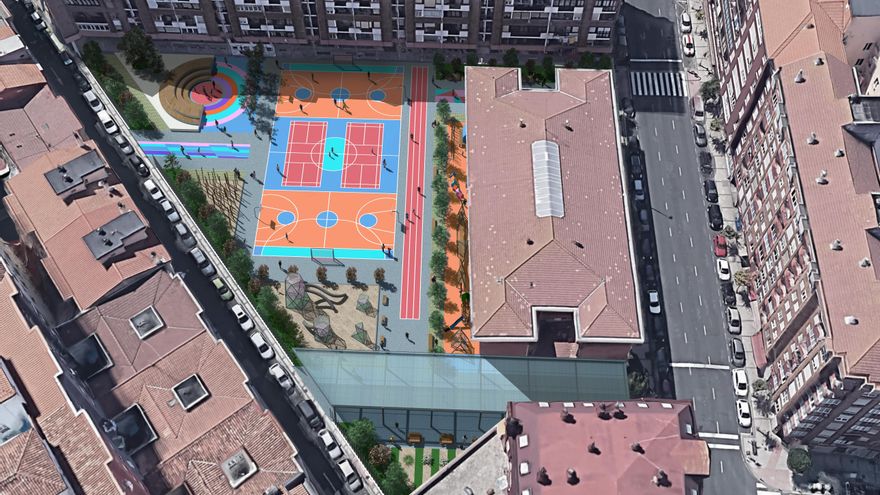 Anfiteatro con un escenario, arbolado o juegos diversos para mejorar los patios.