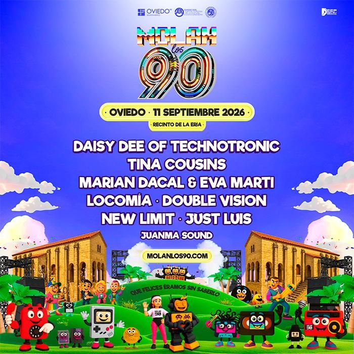 Cartel de 'Molan los 90', el evento que abrirá los conciertos en el recinto de La Ería, en la capital asturiana.