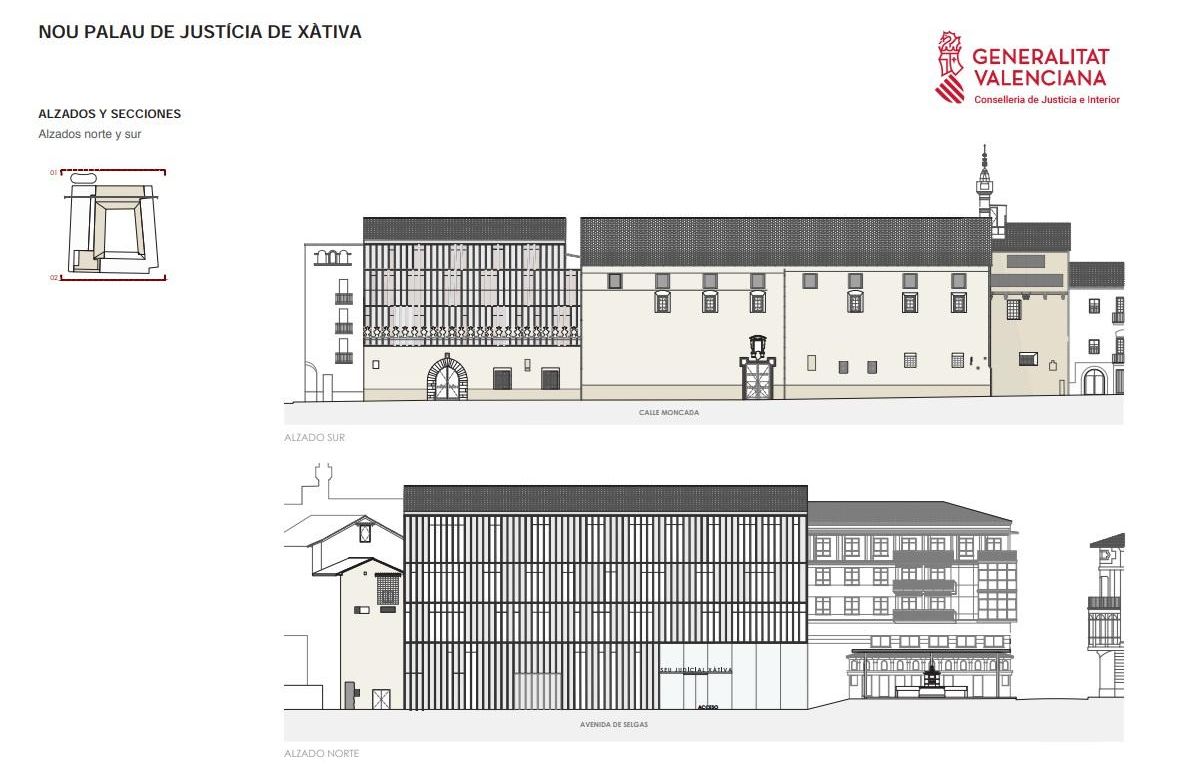 Les dues façanes projectades per al Palau de Justícia de Xàtiva.