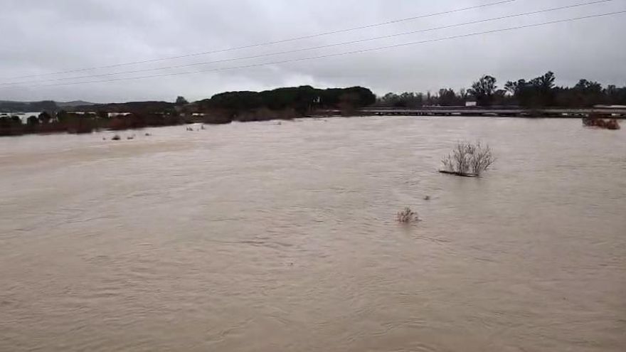 Así baja el río Guadalete a la altura de El Portal tras el paso de la borrasca Leonardo