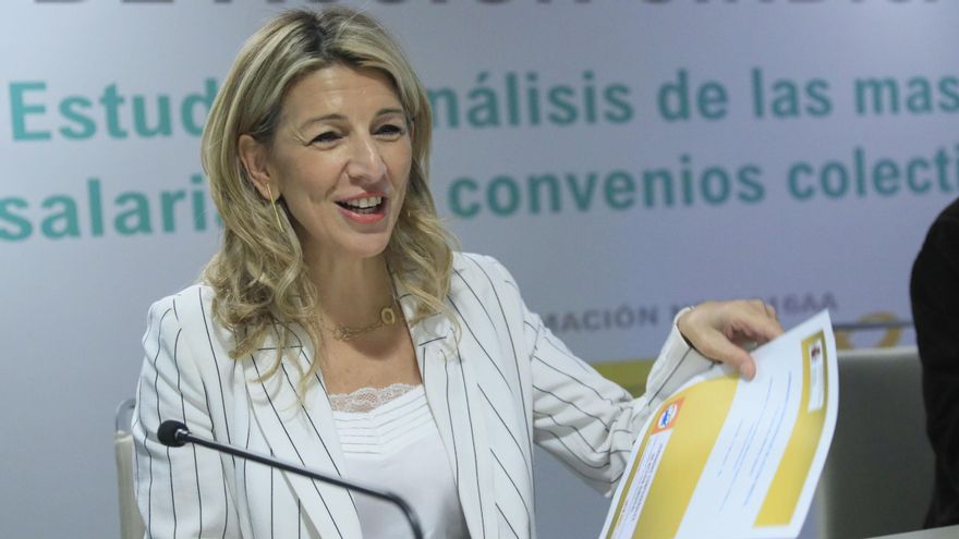 La ministra de Trabajo Yolanda Díaz participa en las jornadas confederales sobre acción sindical de UGT en Madrid, este viernes. EFE/ Fernando Alvarado