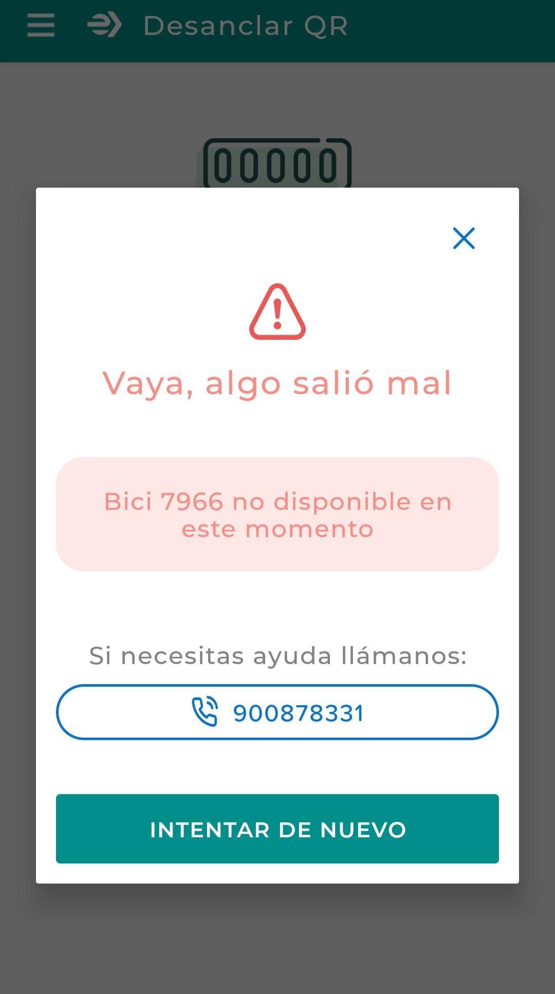Mensaje de error al intentar desanclar un aparato de Bicimad.