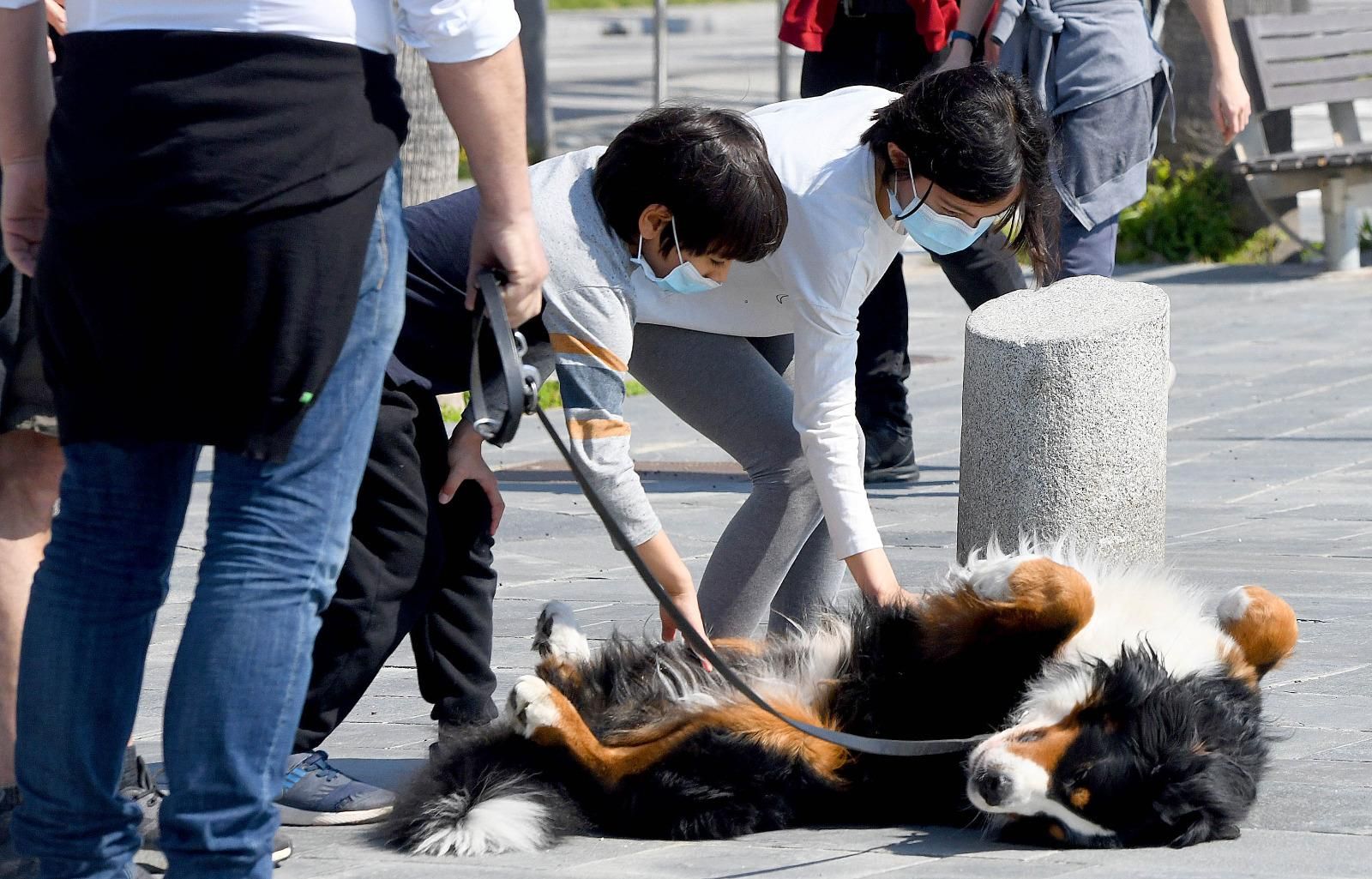 Dos niños juegan con su perro en el paseo marítimo de Barcelona