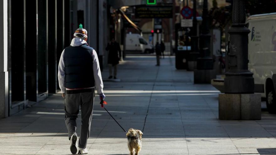 Campillo / ICAL . Estado de alarma en León. En la imagen, un hombre pasea a su perro por la avenida de Ordoño II