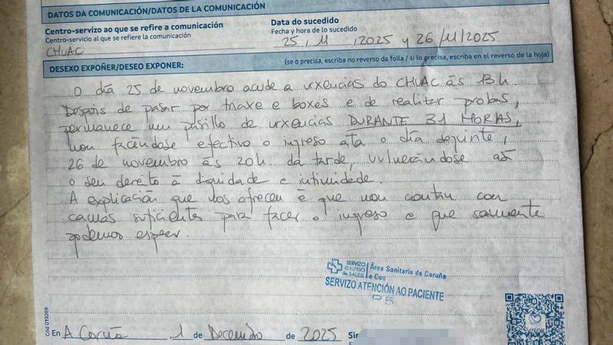 Reclamación presentada por Marta en la oficina de atención al paciente del CHUAC