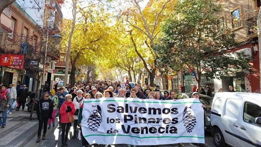 Movilización con pancarta `Salvemos los Pinares de Venecia'