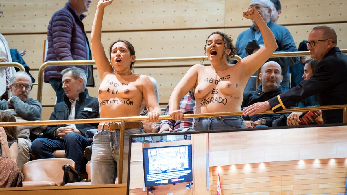 Dos activistas durante una acción de FEMEN durante un pleno en el Senado, a 19 de noviembre de 2024, en Madrid (España). FEMEN ha realizado esta acción con motivo de la celebración de la cumbre ‘Por la libertad y la cultura de la vida en el Senado’ el pró