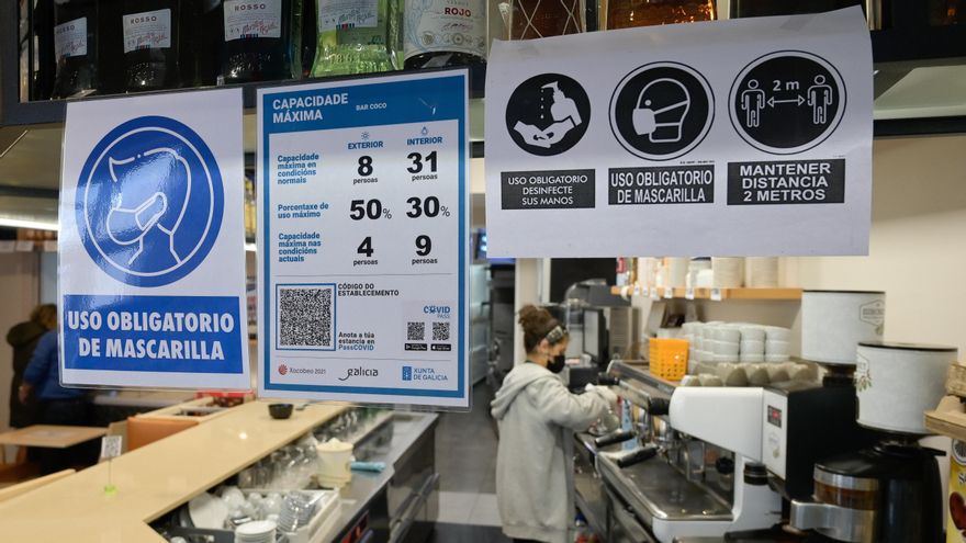 Varios carteles donde se muestra el aforo permitido en un bar de A Coruña