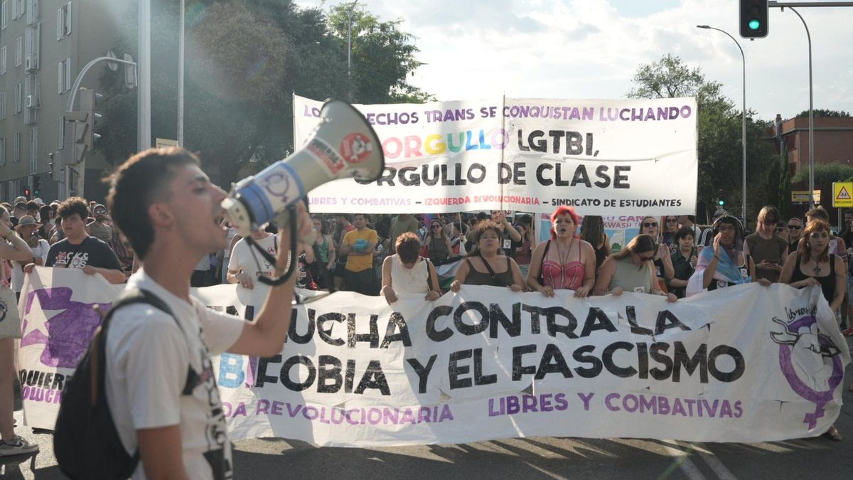 Manifestantes tras una de las pancartas de la manifestación del 'Orgullo crítico' de este domingo en Madrid.