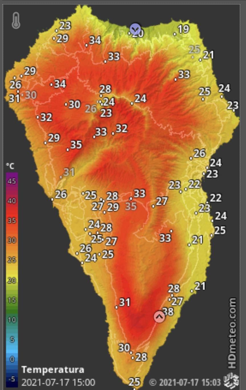 Mapa de HD Meteo La Palma donde se indica la temperatura que, a las  15.00 horas de este sábado, 17 de julio, se registraba en distintos puntos de La Palma.