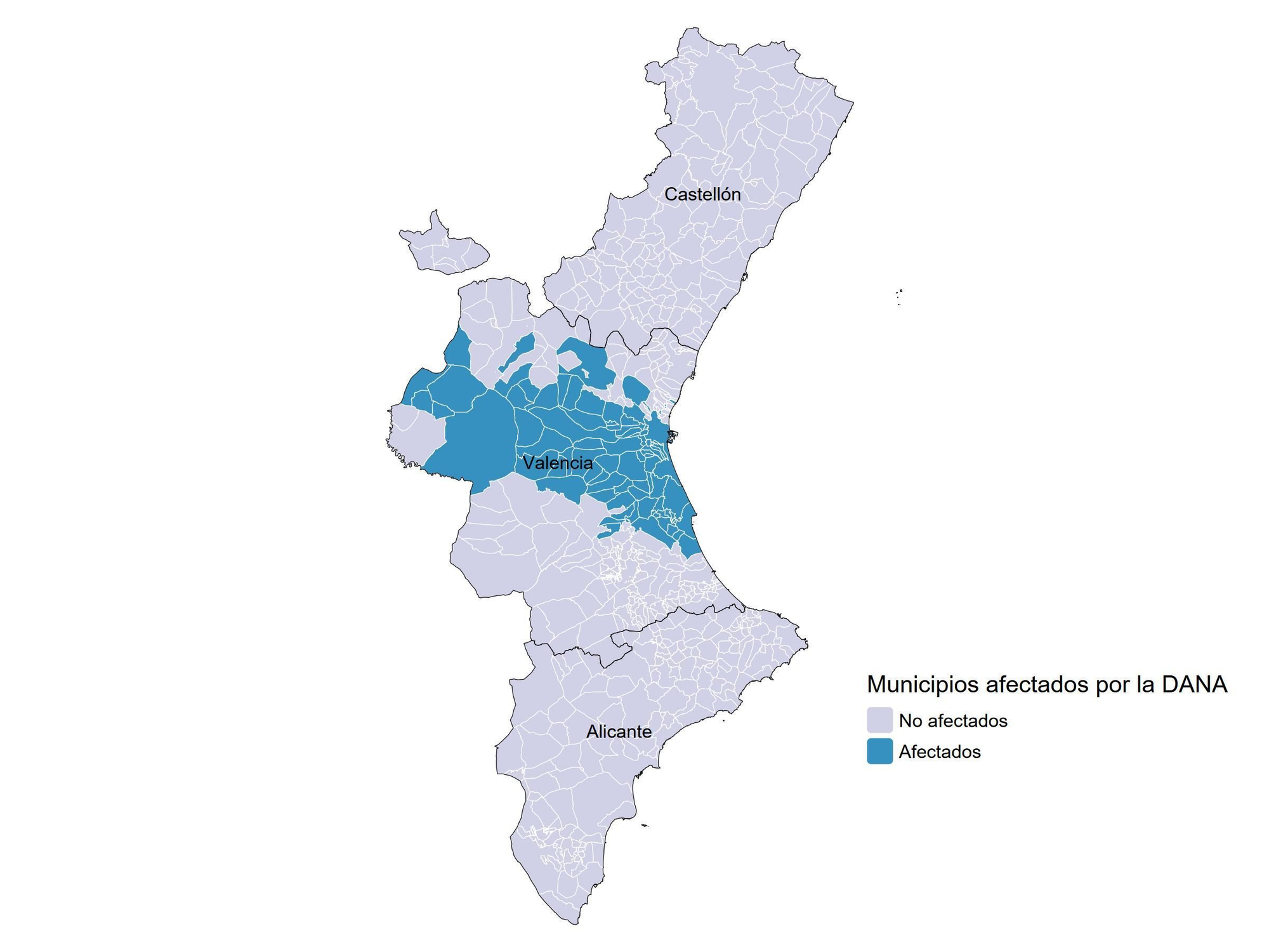 Gráfico 1. Municipios de la Comunidad Valenciana afectados y no afectados por la DANA del 29 de octubre de 2024. Elaboración propia a partir de datos del BOE 268, pp. 141163-141164, de 6 de noviembre de 2024.