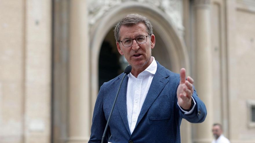 El líder del PP, Alberto Núñez Feijóo en Zaragoza este jueves. EFE/ Javier Cebollada