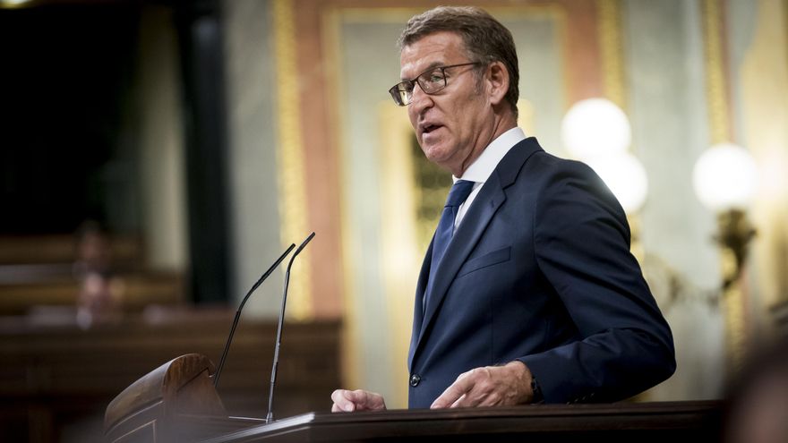 El líder del PP y candidato a la Presidencia del Gobierno, Alberto Núñez Feijóo, ien la tribuna del Congreso