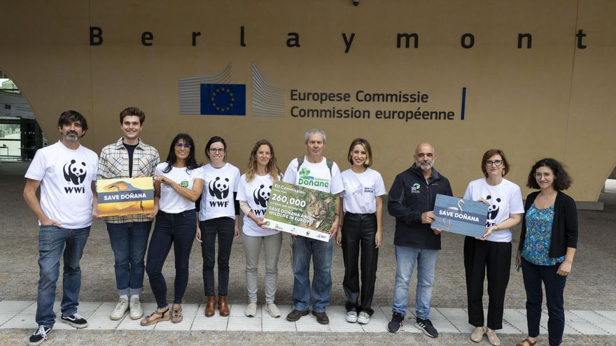 La delegación ecologista posa antes de la reunión con Sinkevičius.