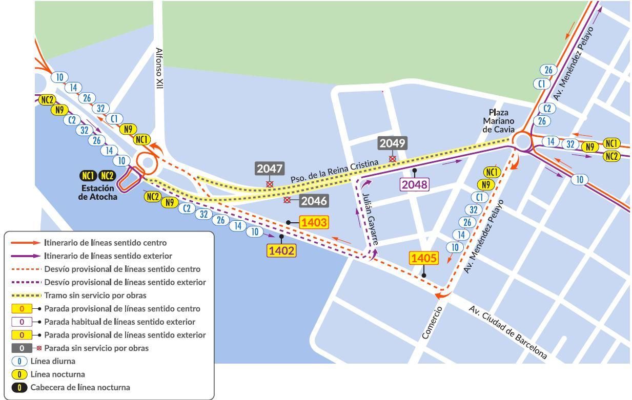 Alteraciones y alternativas por los desvíos de buses de EMT en torno a Atocha, causados por la ampliación de la línea 11 de Metro.