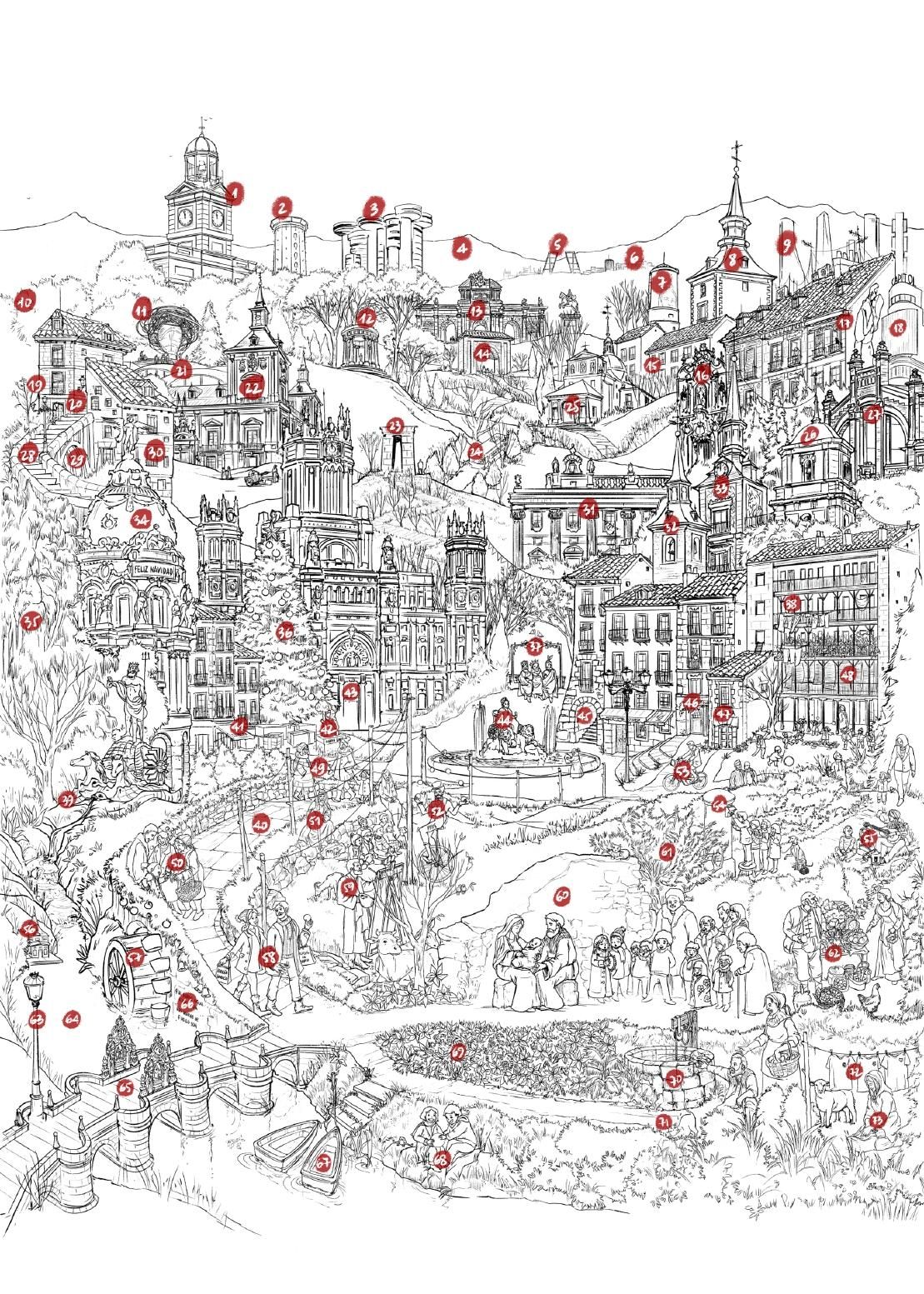 Numeración de los 73 "secretos" escondidos en el cartel de Navidad de Madrid 2025