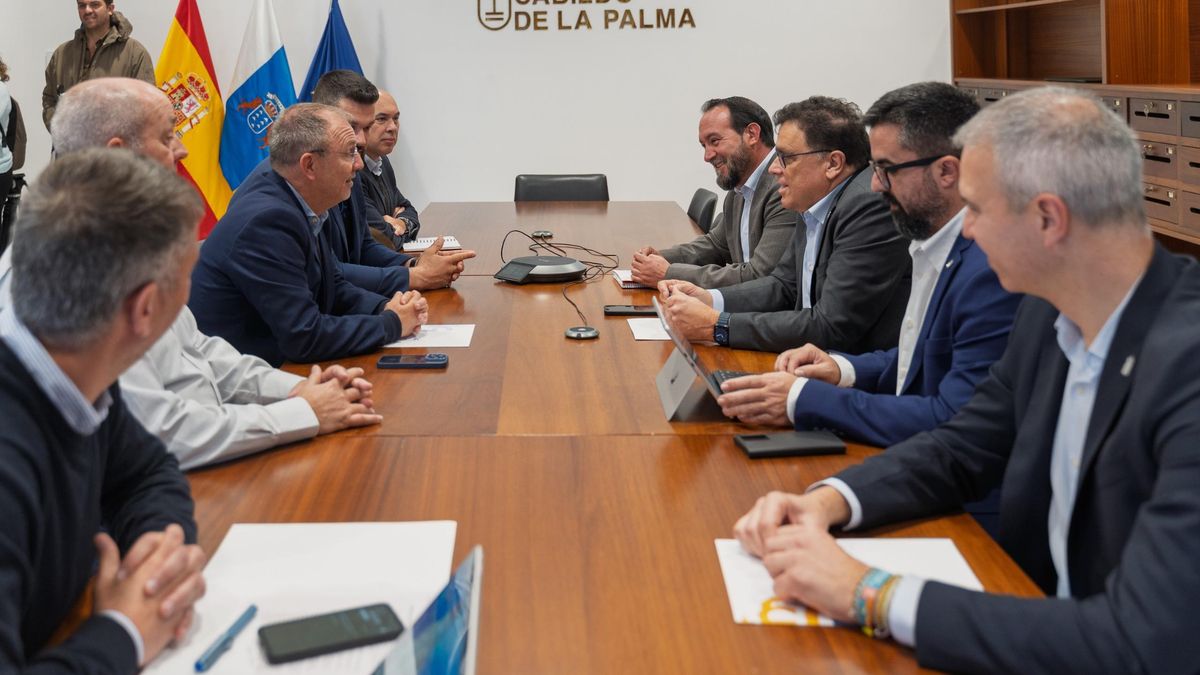 Reunión de los responsables de la Consejería  de Política Territorial, Aguas y Emergencias del Gobierno de Canarias y  del Cabildo La Palma.