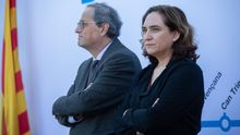 Torra y Colau durante la inauguración de la línea de metro a la Zona Franca, en febrero pasado