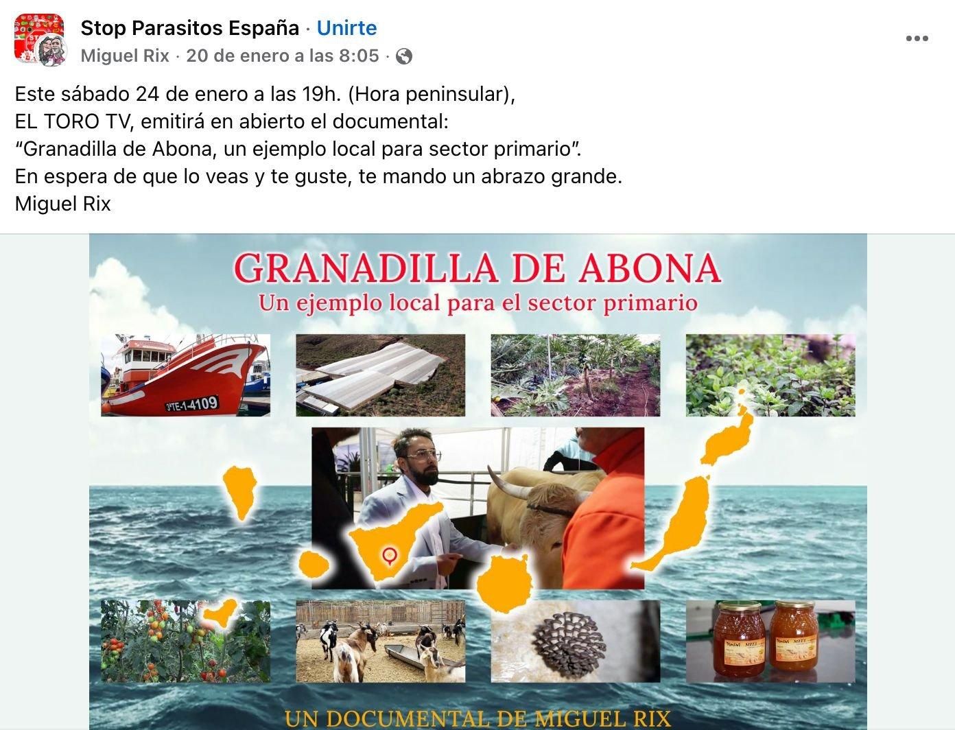 Comentario en la cuenta Stop Parásitos en Facebook anunciando la emisión del documental pagado por el Ayuntamiento de Granadilla en la cadena ultraderechista ToroTV.